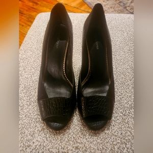 Black Leather Peakaboo Heels